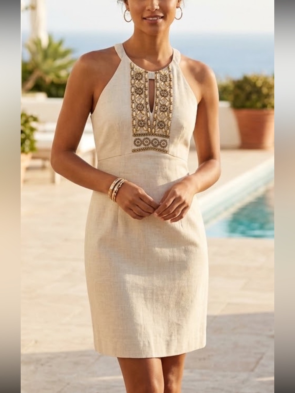 Laundry by Shelli Segal Linen Blend Beaded embellished Halter Mini Dress XS